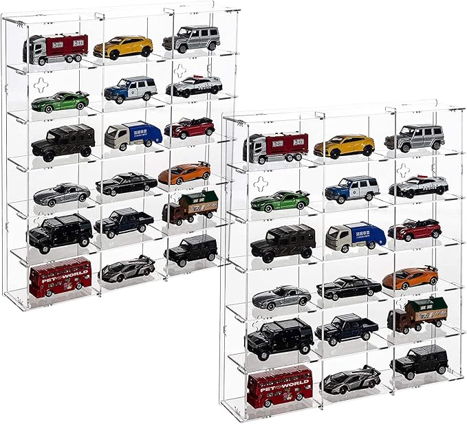 2 Pack Acrylic Display Case, 18 Compartments Clear Showcase Organizer, 6 Tiers Matchbox Display Cabinet for Mini Toys, Hot Wheels and LOL Dolls